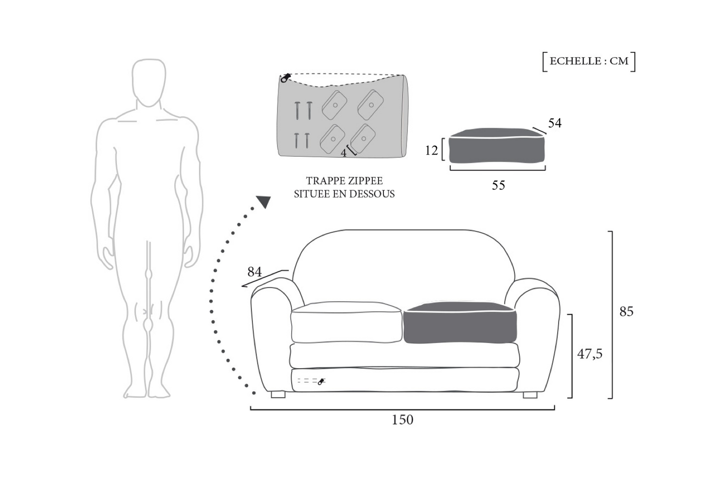 Schéma Technique Canapé 2 places Classique Rose & Moore meta-dimensions