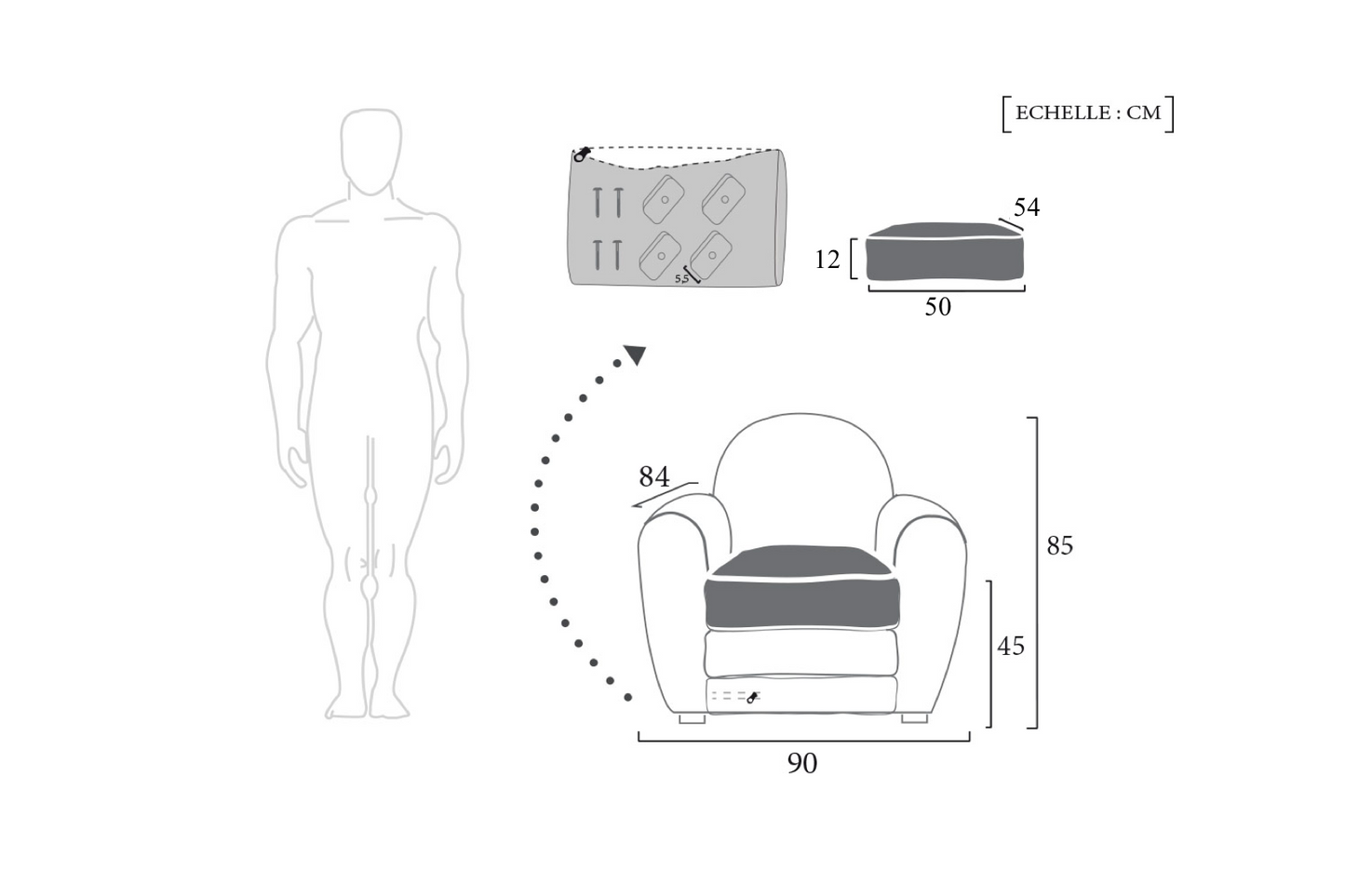 Schéma Technique Fauteuil Club Classique meta-dimensions