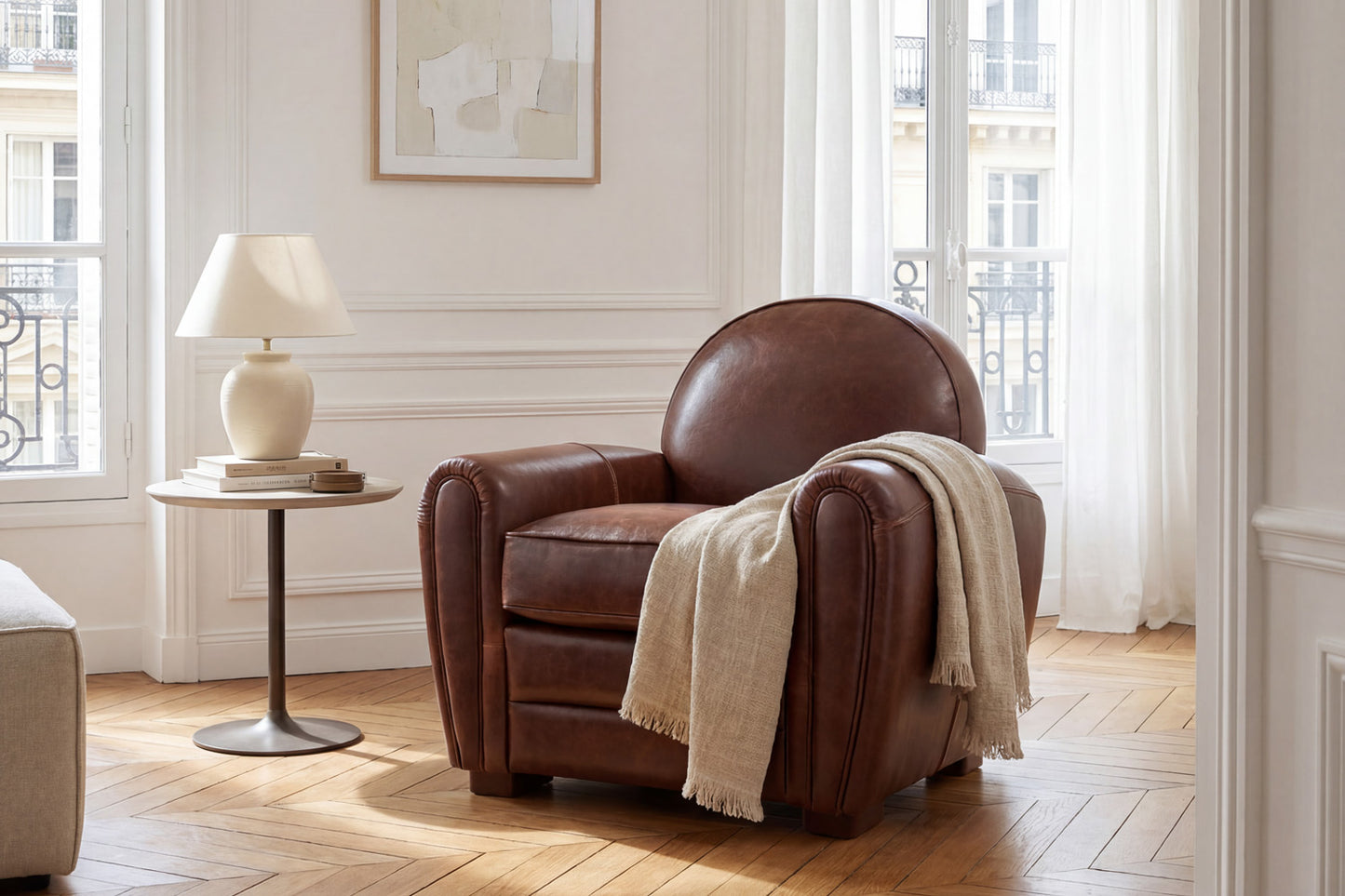 Fauteuil Club 1930 à Liseré en Cuir