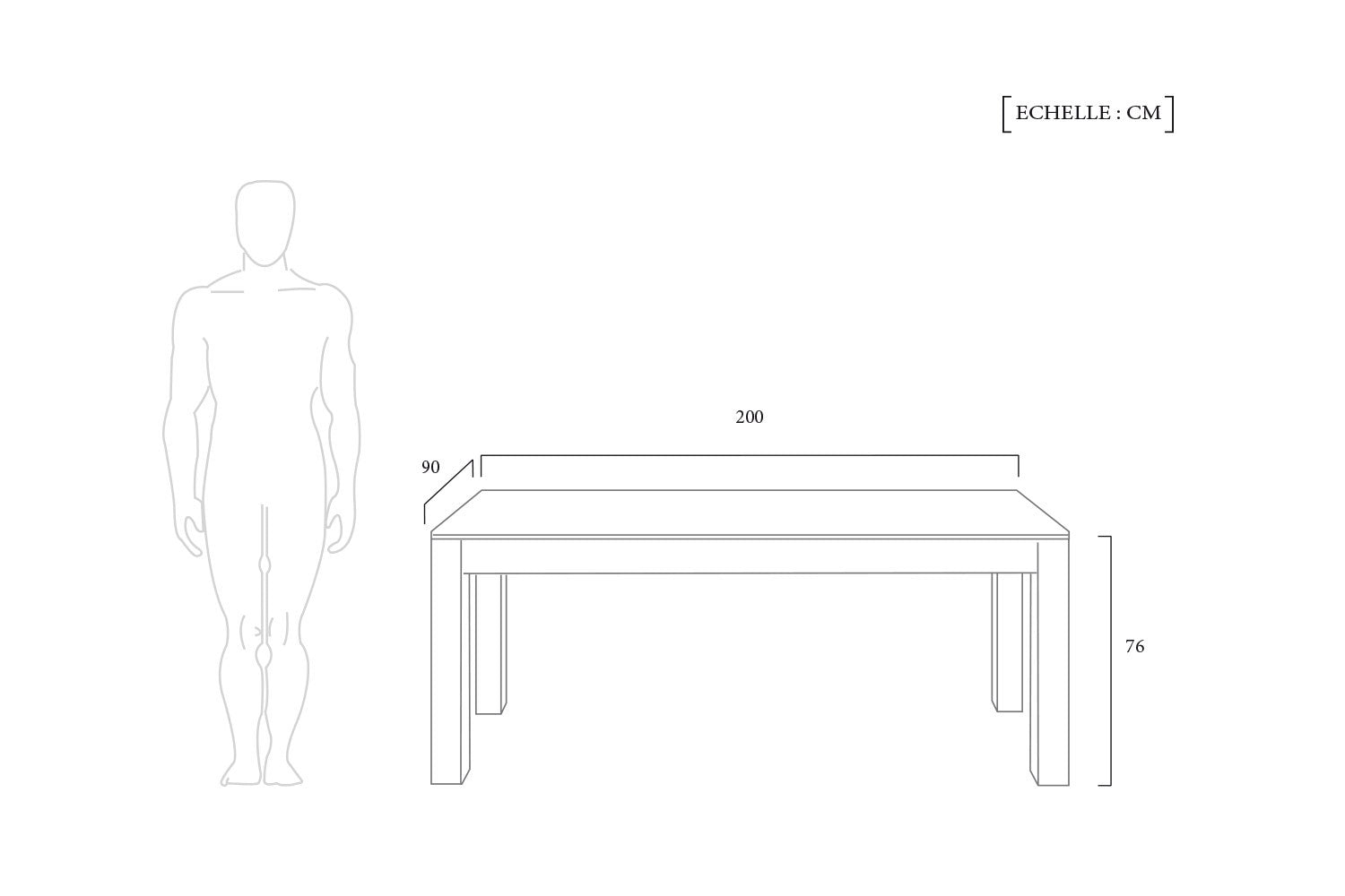 Schéma Technique Table de Salle à Manger 200 Rustique en Bois Brut meta-dimensions