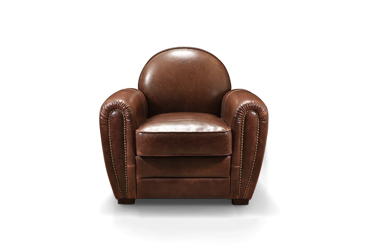 Fauteuil Club en cuir vieilli marron clair Rose & Moore de face