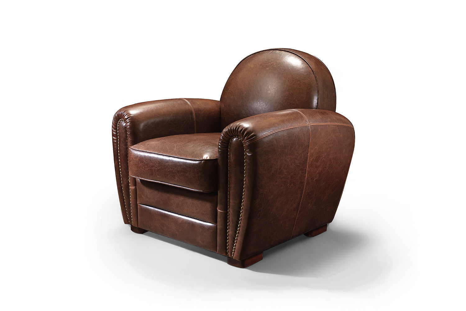 Fauteuil Club en cuir vieilli marron clair Rose & Moore de profil